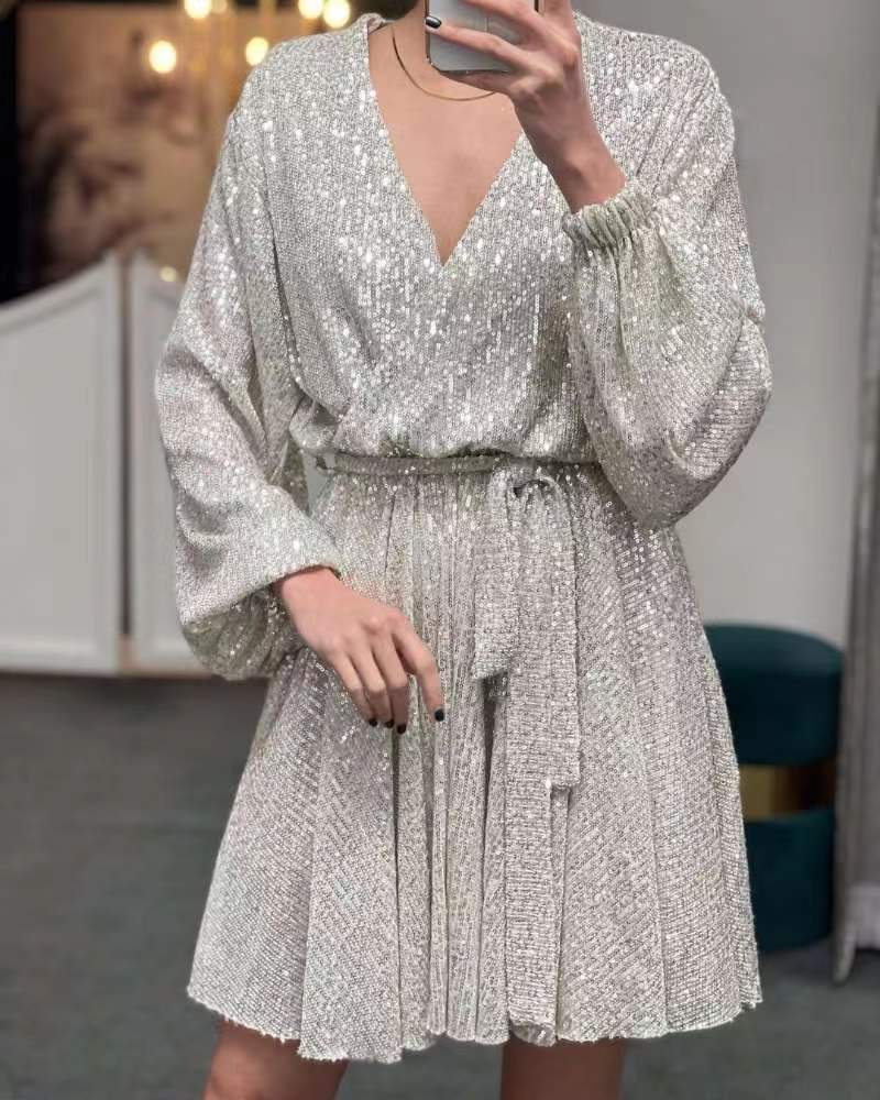 Women's Casual Versatile Solid Color V-Neck Sequin Dress