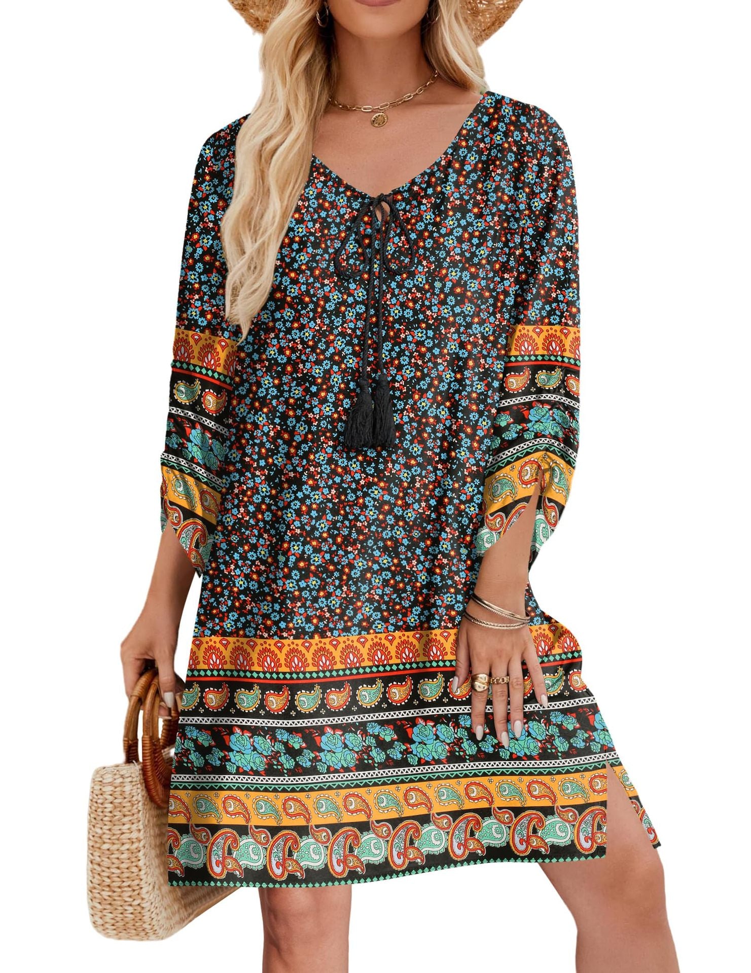 Women's Casual Bohemian V-Neck Tie-Dye Print Dress