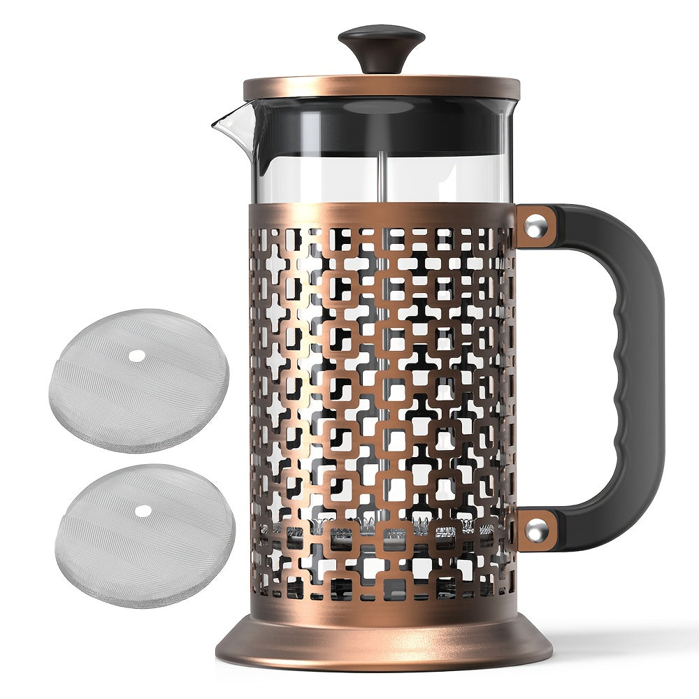 33.81oz Stainless Steel French Press Coffee Maker with High Borosilicate Glass Carafe - Manual Reusable Filter, Vintage Metal Exterior, No Electricity Needed for Home & Office Use, Coffee Bar Accessories, Kitchen Appliance, E