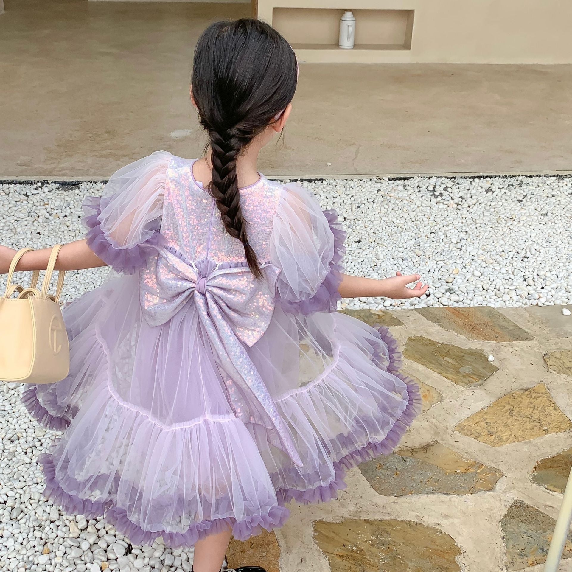 Girls Summer Bow Back Sequined Princess Dress