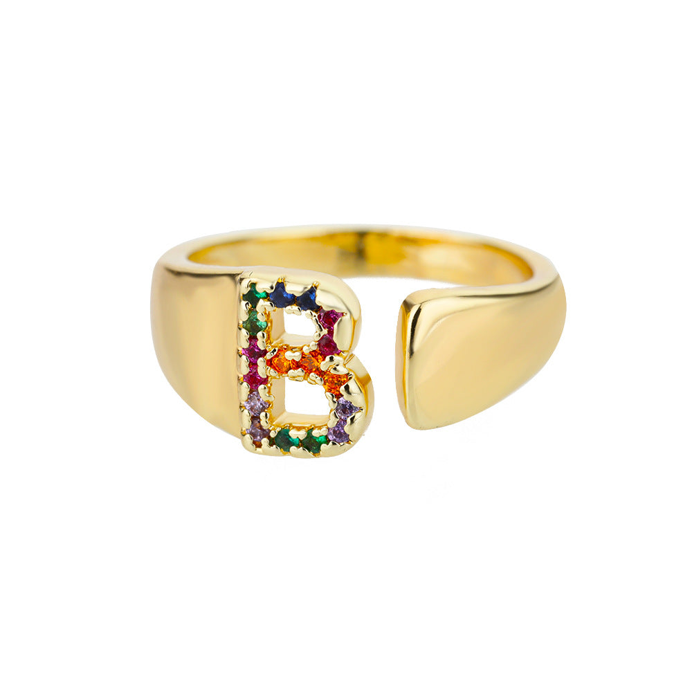 Fashion Micro-set Colored Zirconium 26 English Letters Adjustable Open Ring