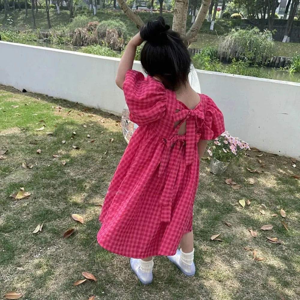 Girls' Plaid Summer Dress Puff Sleeves