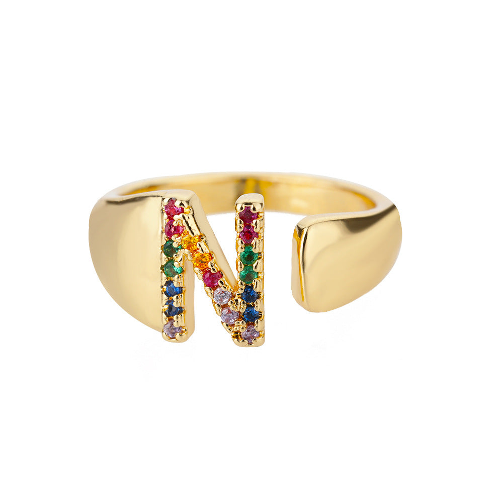 Fashion Micro-set Colored Zirconium 26 English Letters Adjustable Open Ring