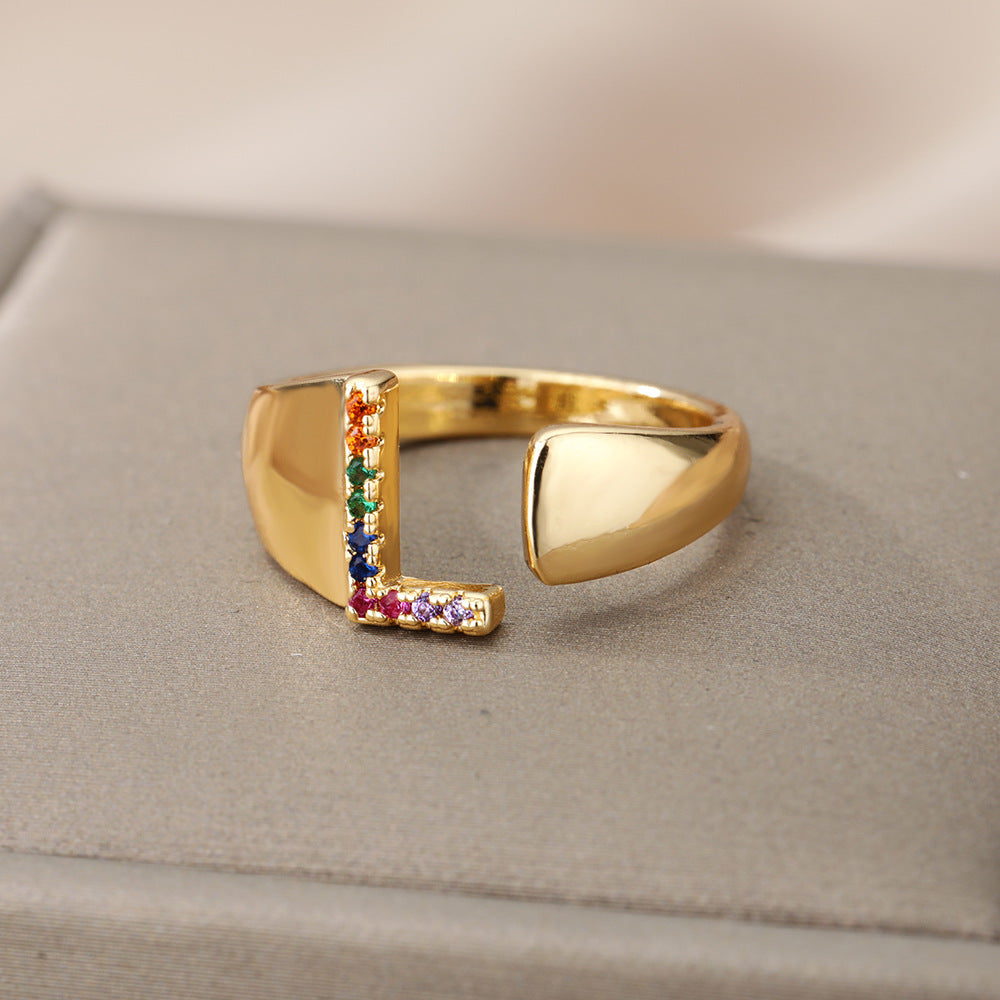 Fashion Micro-set Colored Zirconium 26 English Letters Adjustable Open Ring