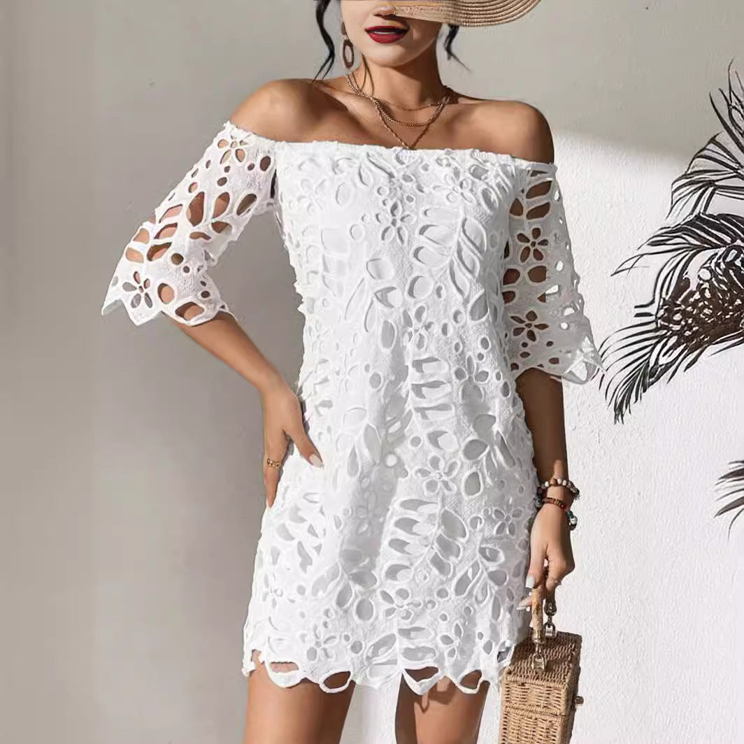 Women's Solid Color Tube Top One Shoulder Hollow Lace Dress