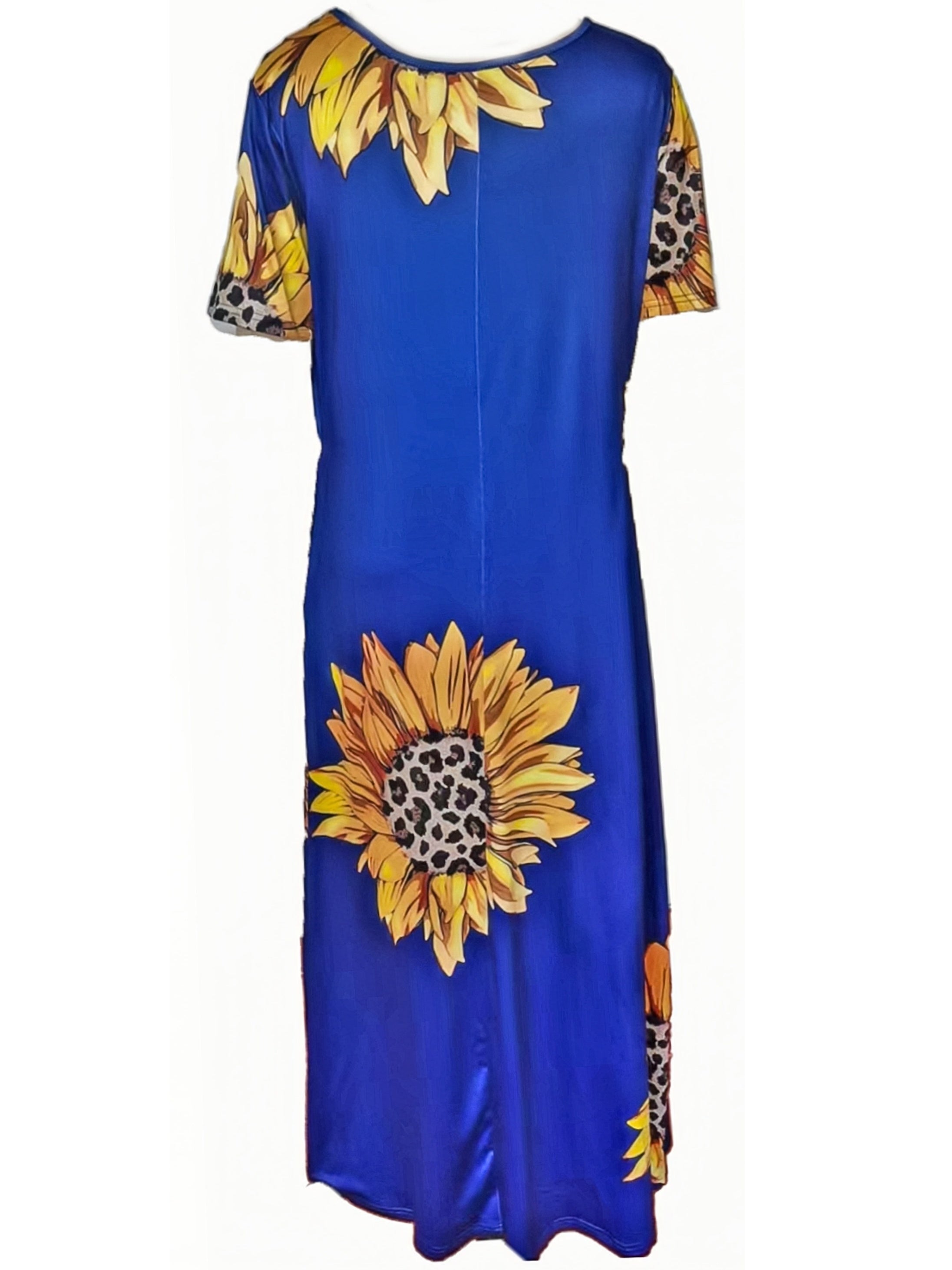 [Sunflower Print Dress] Sunflower Print Women's Dress | Casual Vacation Style, Round Neckline with Wide Opening, Loose Short Sleeve Maxi Skirt