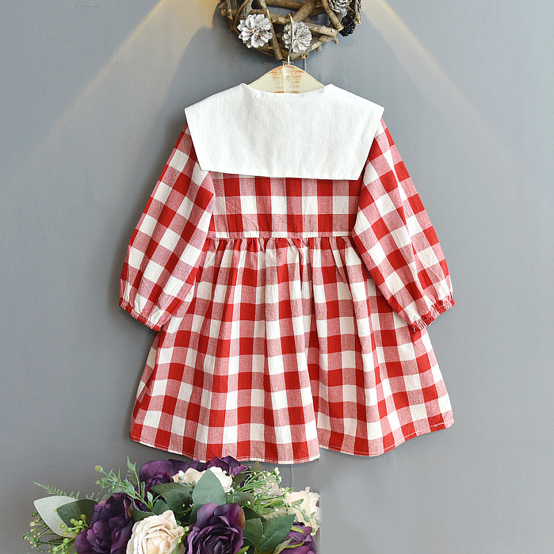 Baby Girl Big Collar Buttoned Plaid Long-sleeved Dress