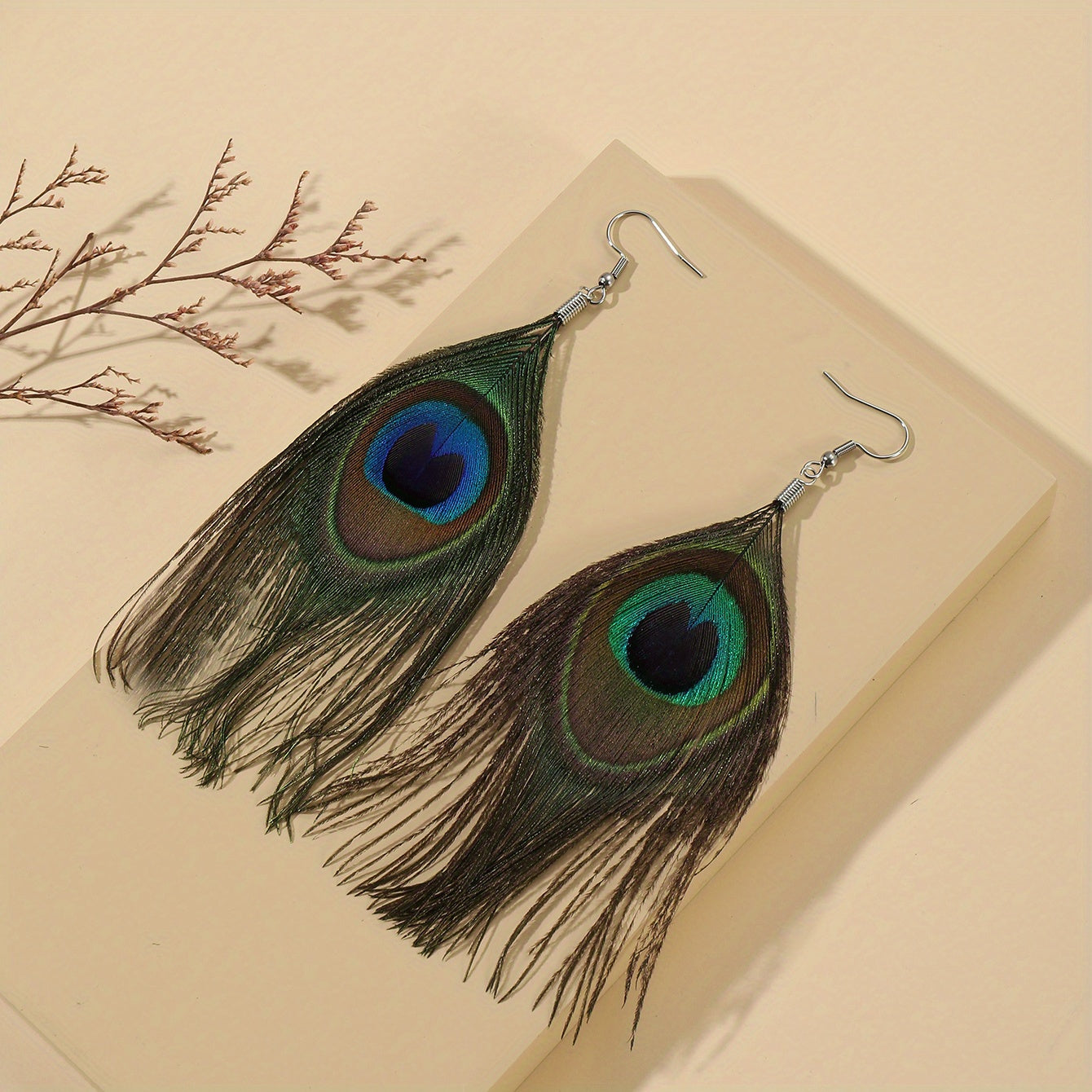 Vintage Bohemian Green Tassel Earrings with Imitation Peacock Feathers - Long Drop Earrings for Women's Dress Accessories