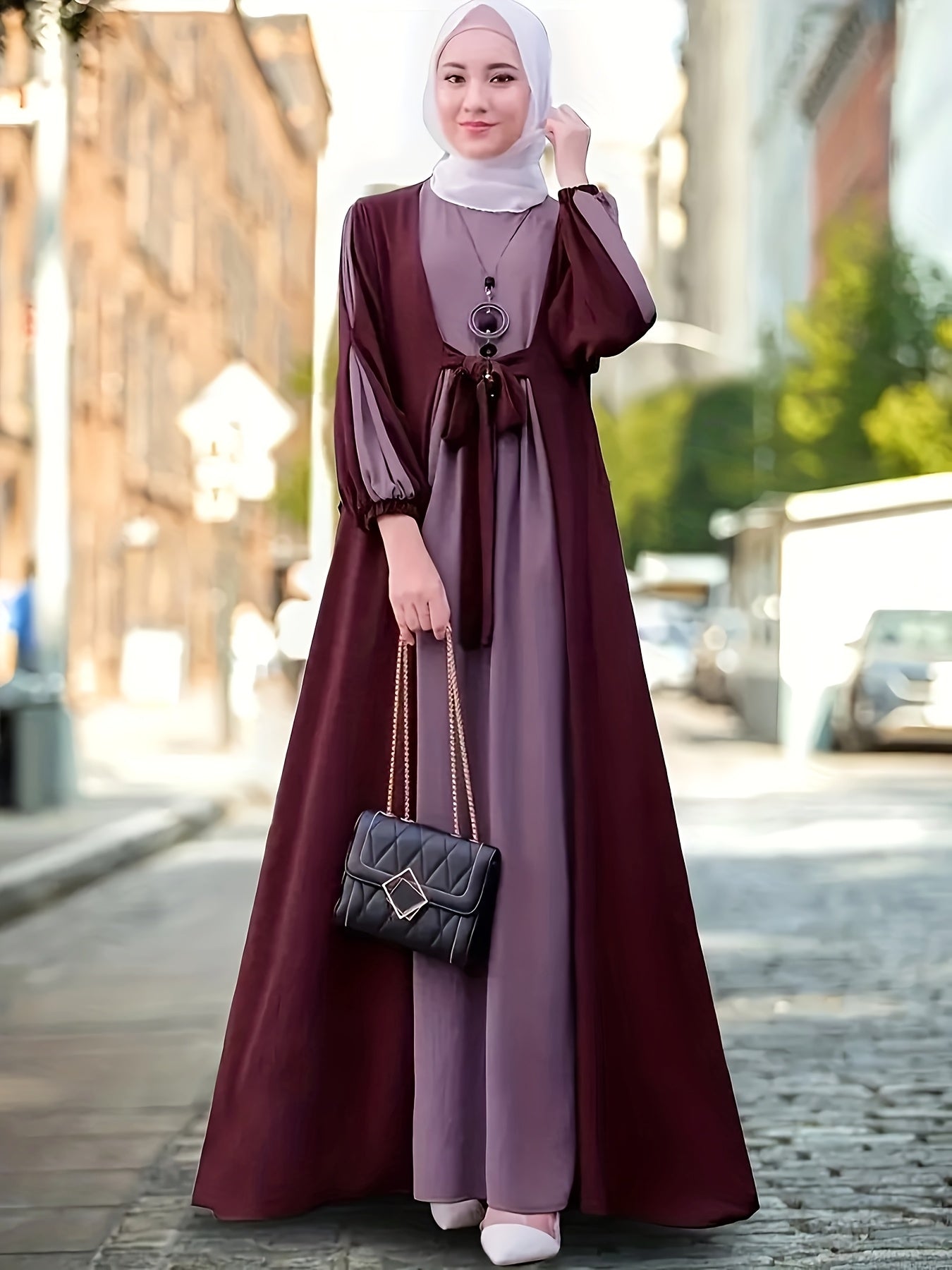 [Elegant Dress] Elegant Women's Dress - Maroon & Gray Color Block, Long Sleeveless Maxi with Tie-Waist Detail | Stylish Maxi Dress | Flowing Gown, Perfect for Spring/Summer/Fall, Cultural Wear