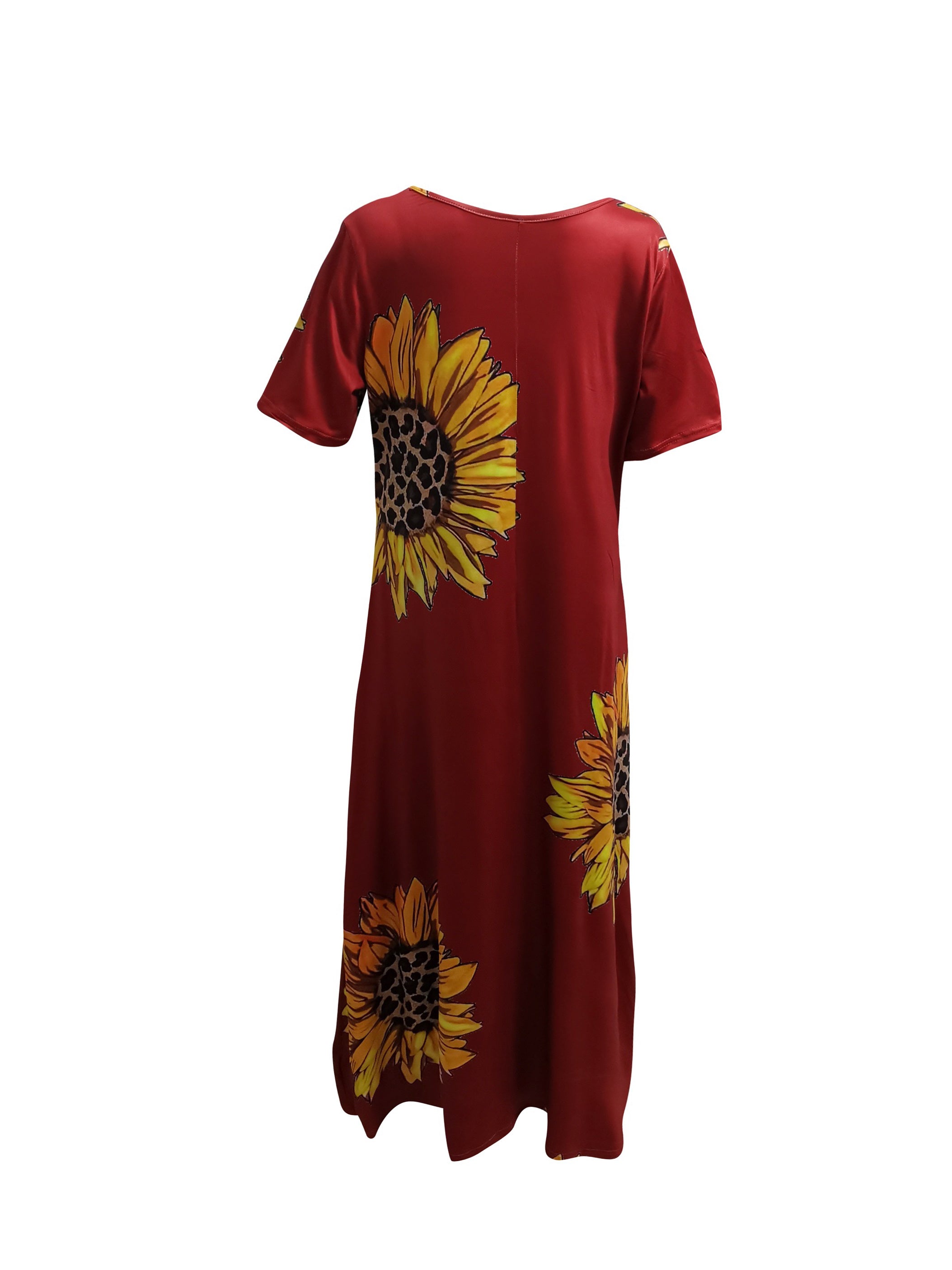 [Sunflower Print Dress] Sunflower Print Women's Dress | Casual Vacation Style, Round Neckline with Wide Opening, Loose Short Sleeve Maxi Skirt