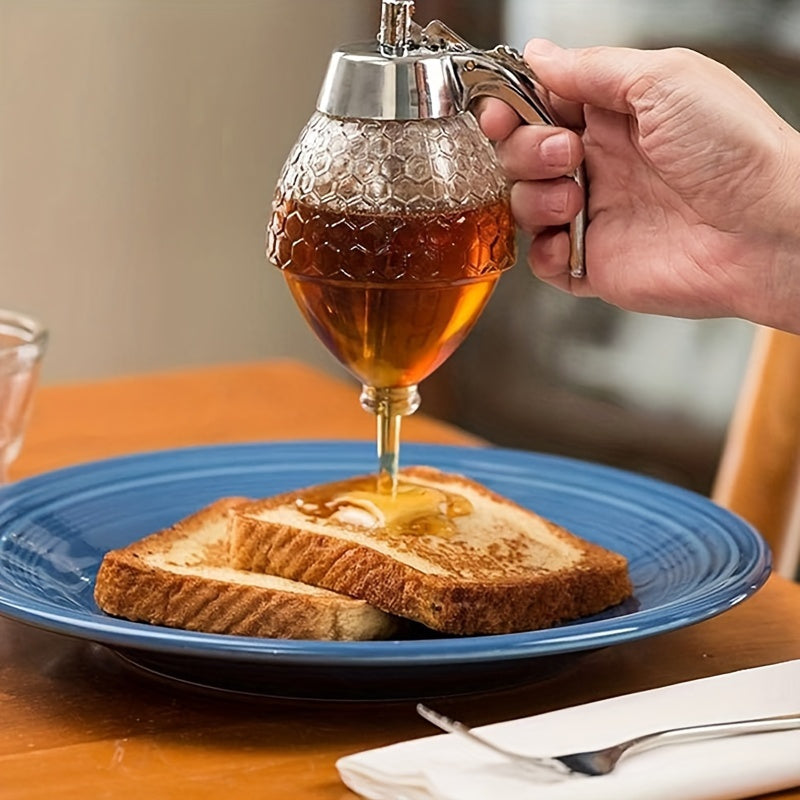 Honeycomb-Patterned Honey Dispenser with Metal Spout - Non-Spill Pouring, Space-Saving Kitchen Countertop Organizer - for Honey, Syrup, Sauce, Spices - Easy-Pour Design, Food-Safe Plastic Construction - Ideal for Home, Restau