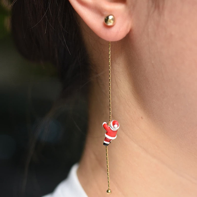 Crawling Santa Tassel Long Asymmetric Snowflake Earrings