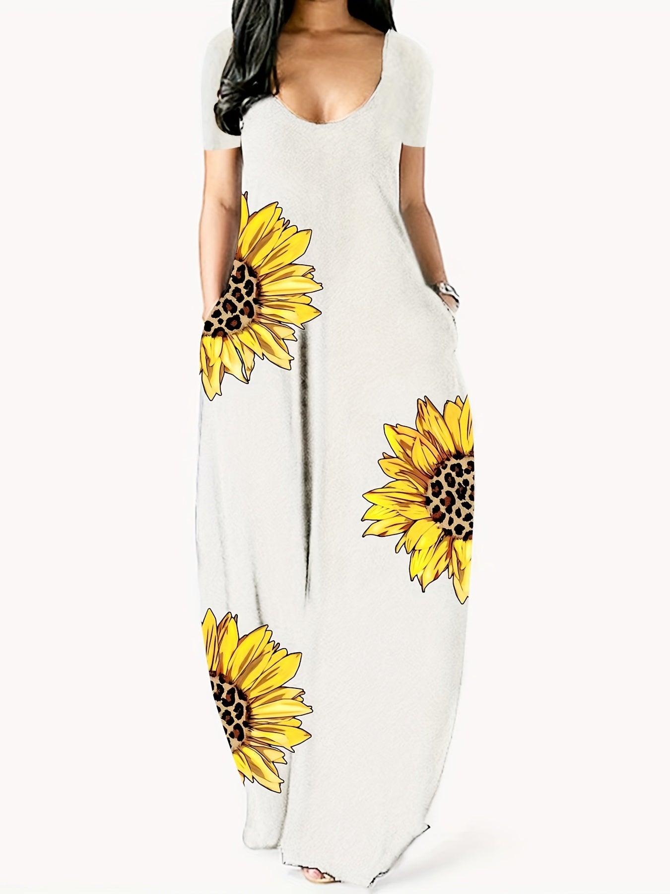 [Sunflower Print Dress] Sunflower Print Women's Dress | Casual Vacation Style, Round Neckline with Wide Opening, Loose Short Sleeve Maxi Skirt
