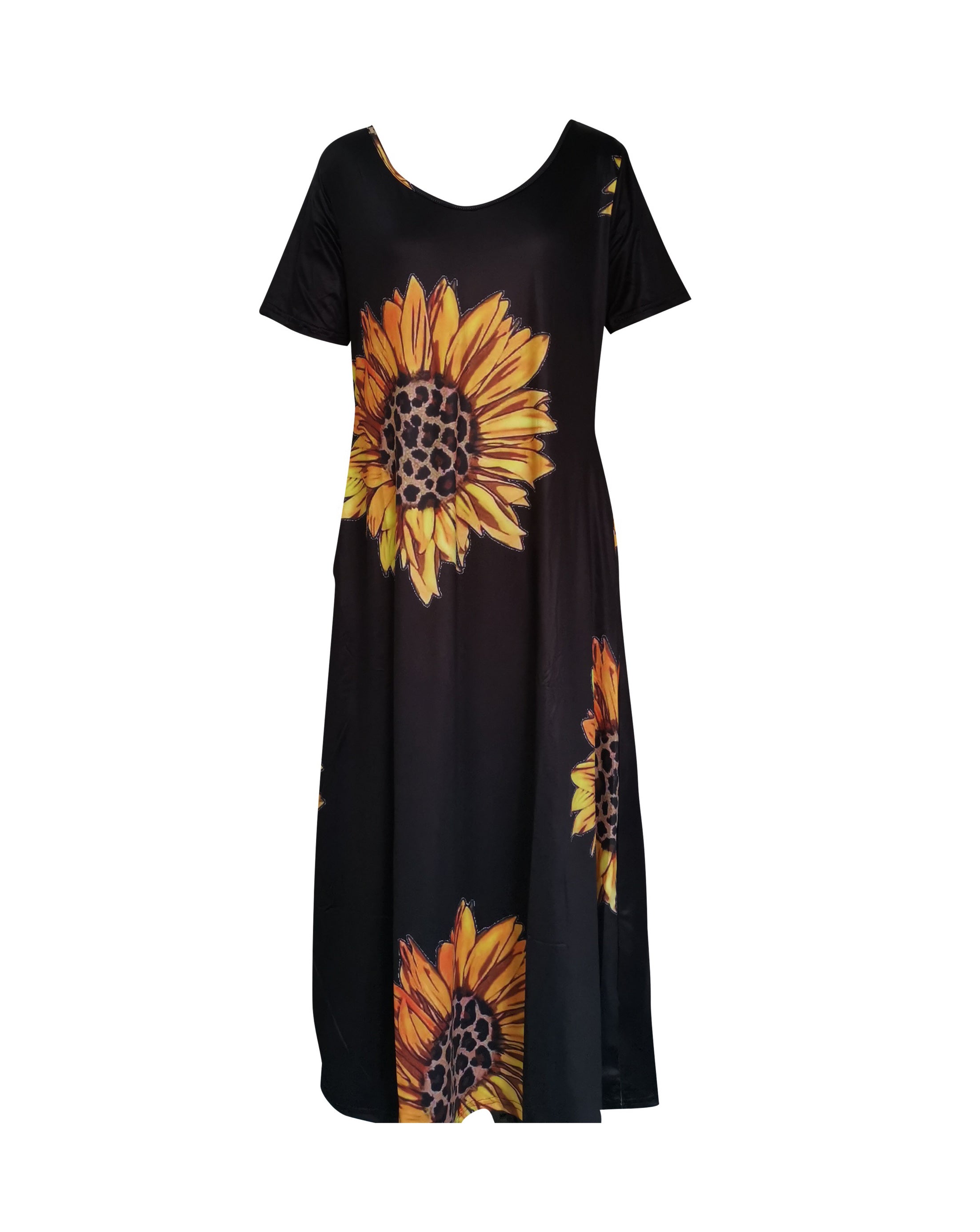 [Sunflower Print Dress] Sunflower Print Women's Dress | Casual Vacation Style, Round Neckline with Wide Opening, Loose Short Sleeve Maxi Skirt