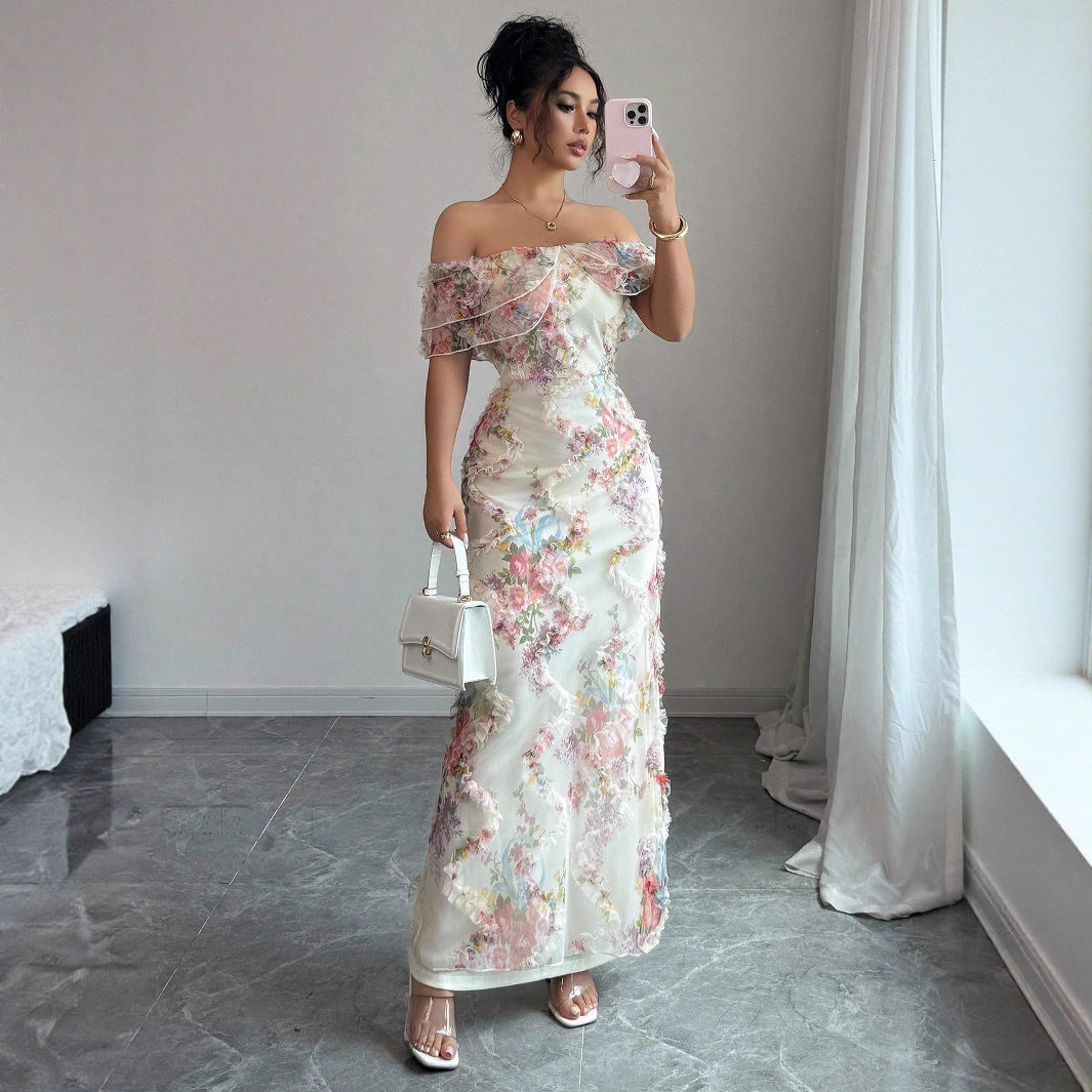 Women's Off-Shoulder Waist-Floral Mesh Dress