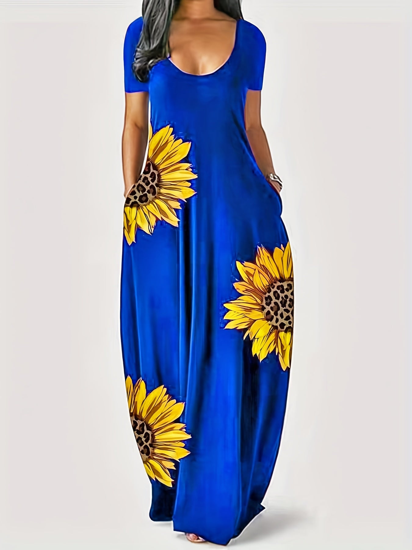 [Sunflower Print Dress] Sunflower Print Women's Dress | Casual Vacation Style, Round Neckline with Wide Opening, Loose Short Sleeve Maxi Skirt