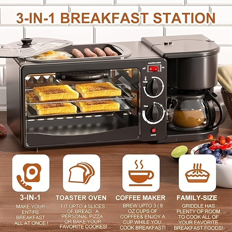 3-in-1 Breakfast Machine with Automatic Power Off, One-Touch Operation for Eggs, Toast & Coffee, Non-Stick Coating, Timer & No Supervision Needed - Compact Square Design for Small Kitchens, 110V US Plug, Kitchen Appliance, Mo