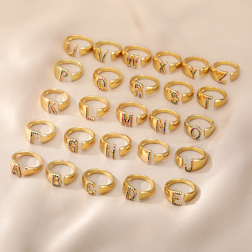 Fashion Micro-set Colored Zirconium 26 English Letters Adjustable Open Ring