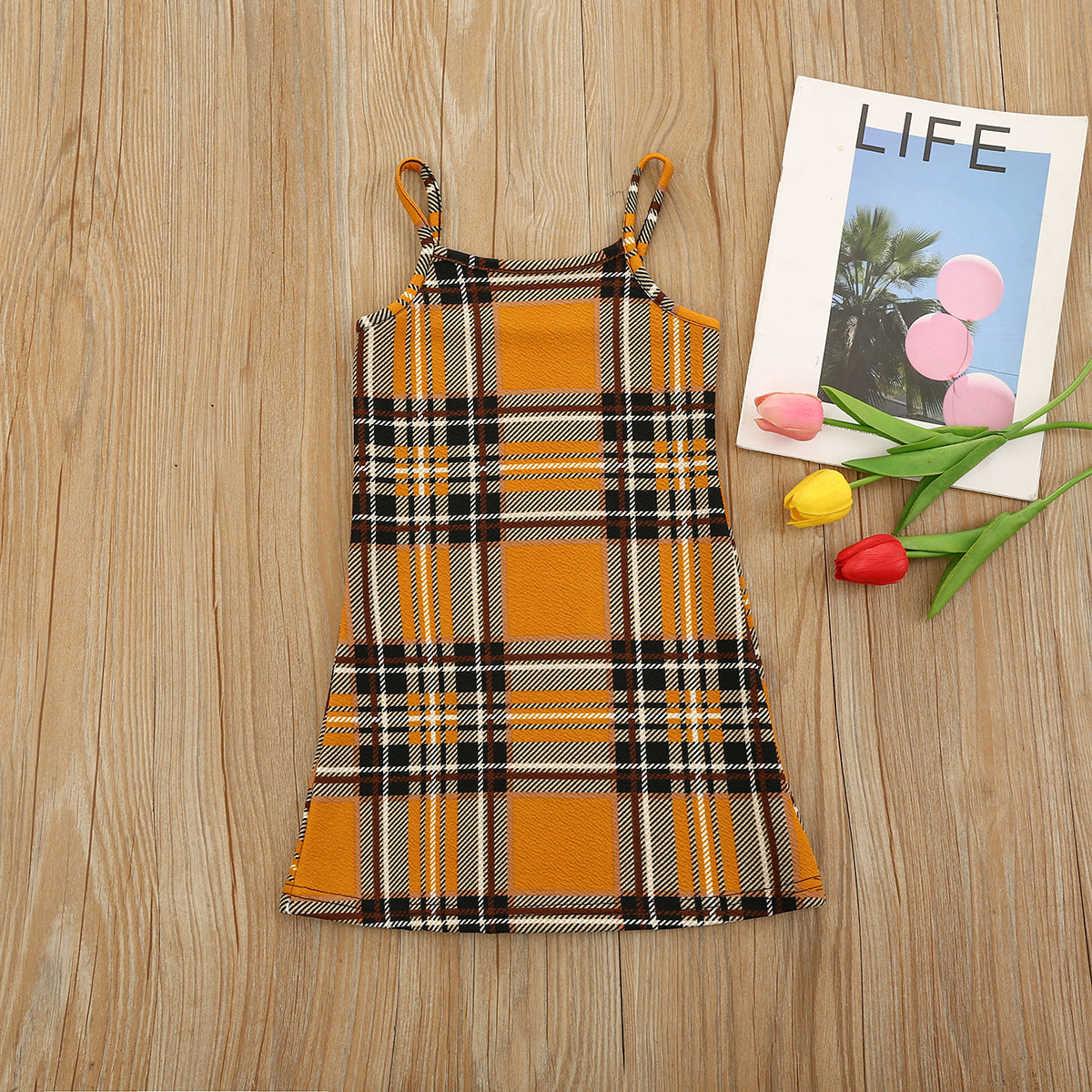 Girls Summer Sleeveless Plaid Dress Suspenders