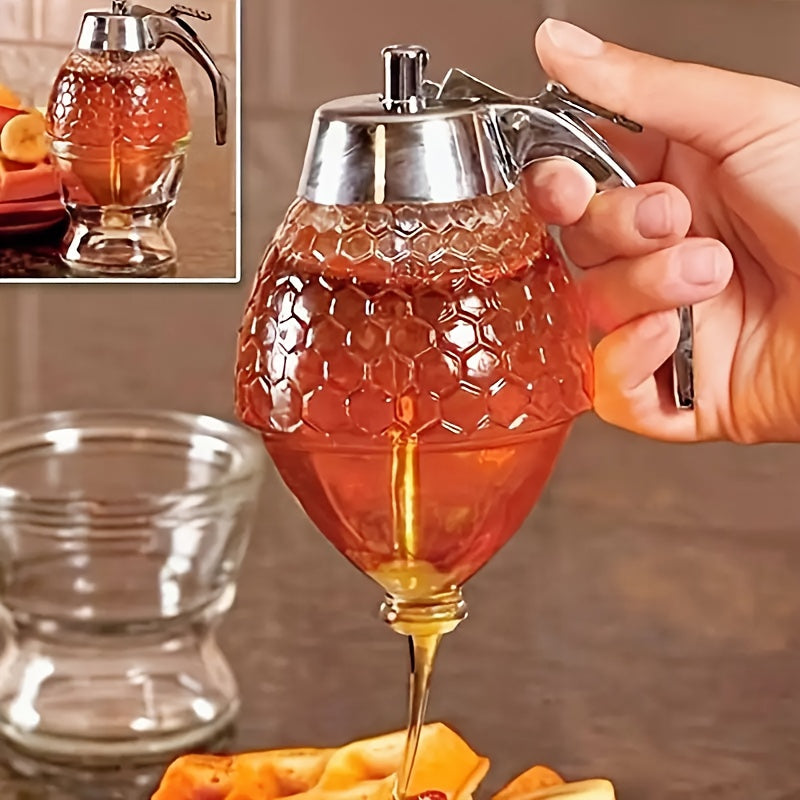 Honeycomb-Patterned Honey Dispenser with Metal Spout - Non-Spill Pouring, Space-Saving Kitchen Countertop Organizer - for Honey, Syrup, Sauce, Spices - Easy-Pour Design, Food-Safe Plastic Construction - Ideal for Home, Restau