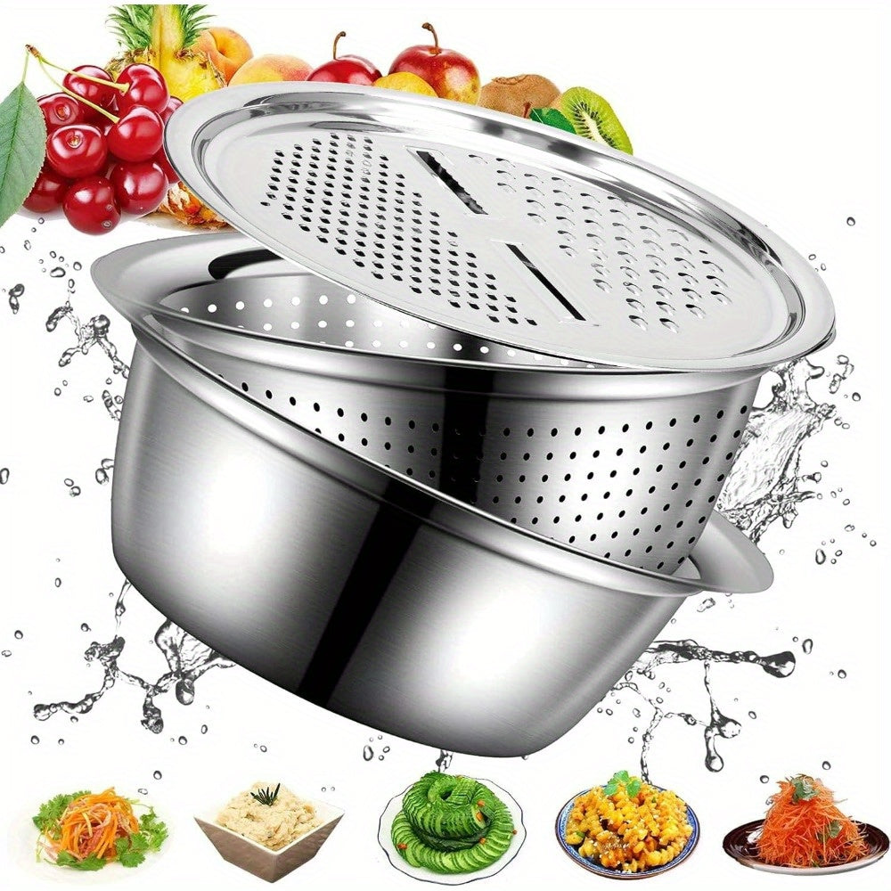 Heavy-Duty Stainless Steel 3-in-1 Vegetable Grater, Salad Maker & Drain Basket - Multi-Purpose Kitchen Tool with Cheese Grater, Salad Chopper, Drain Basin - Space-Saving Design for Home & Commercial Use - Easy to Clean & Rust