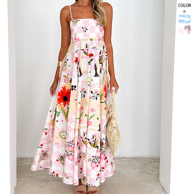 Women's Fashion Printed Backless Sling Large Swing High Waist Dress