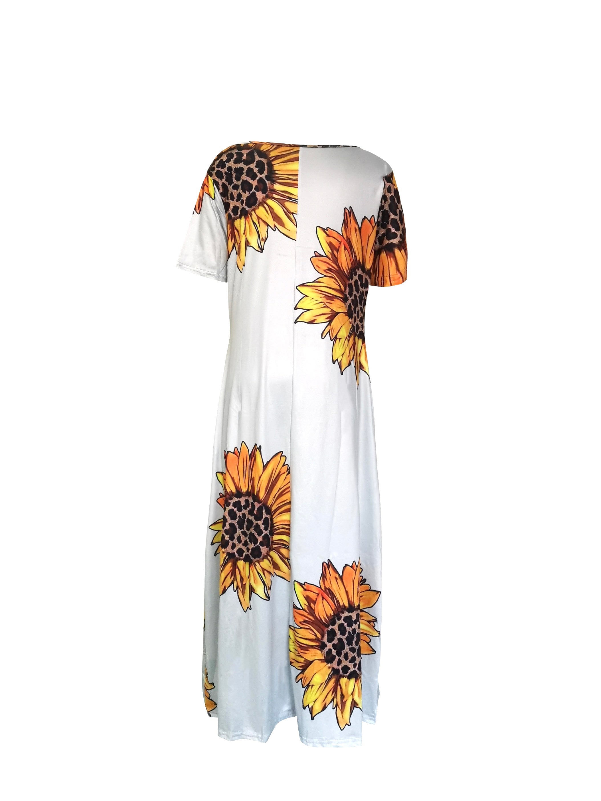 [Sunflower Print Dress] Sunflower Print Women's Dress | Casual Vacation Style, Round Neckline with Wide Opening, Loose Short Sleeve Maxi Skirt
