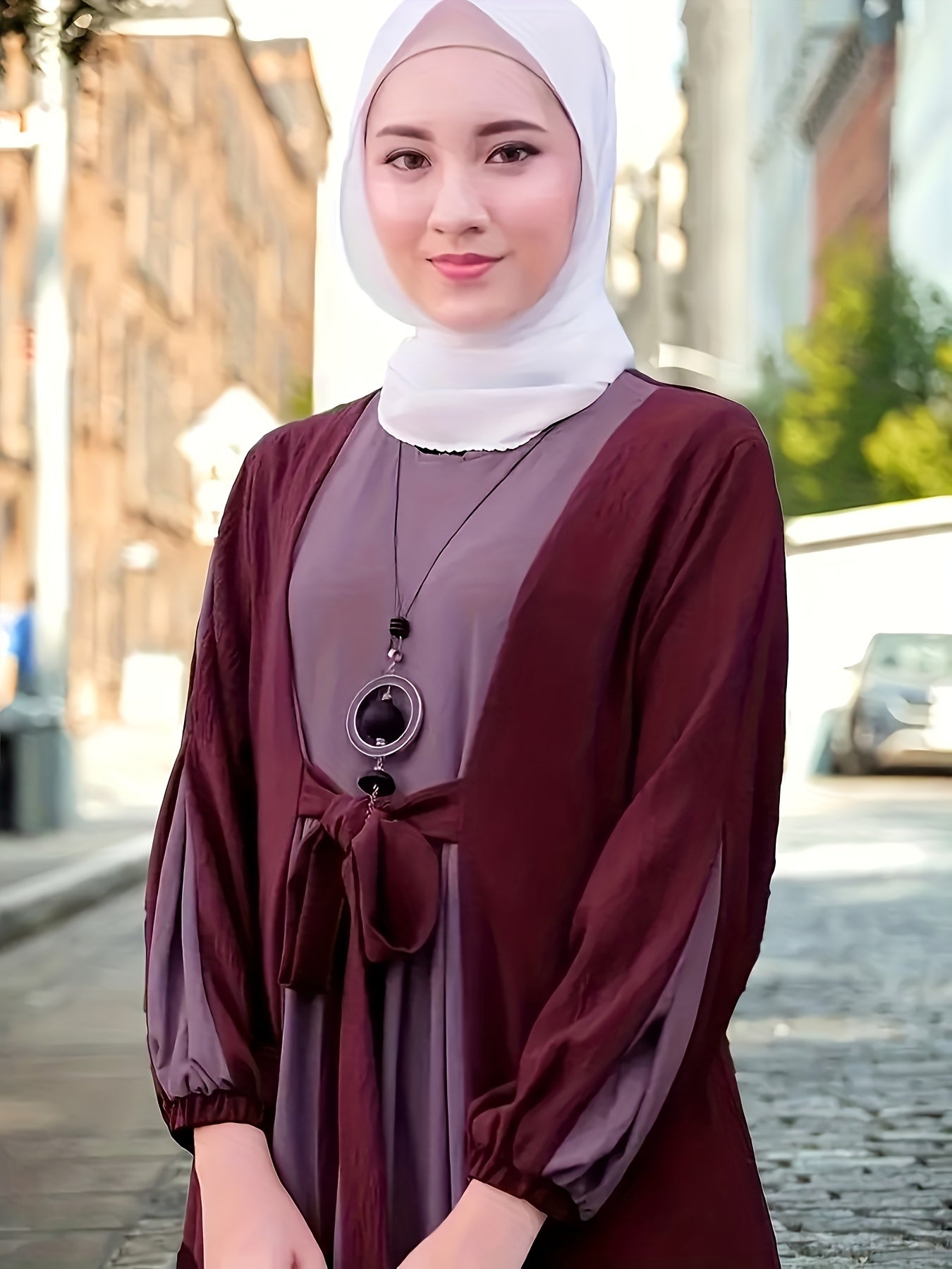 [Elegant Dress] Elegant Women's Dress - Maroon & Gray Color Block, Long Sleeveless Maxi with Tie-Waist Detail | Stylish Maxi Dress | Flowing Gown, Perfect for Spring/Summer/Fall, Cultural Wear
