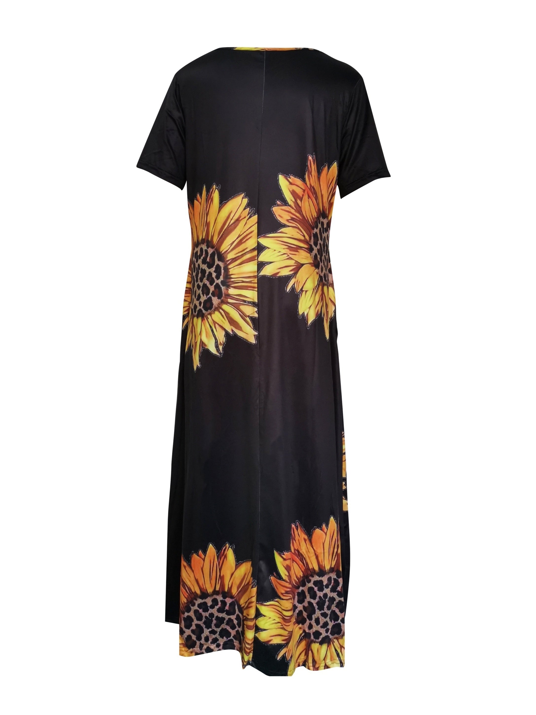 [Sunflower Print Dress] Sunflower Print Women's Dress | Casual Vacation Style, Round Neckline with Wide Opening, Loose Short Sleeve Maxi Skirt