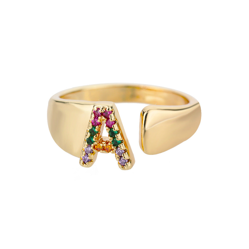 Fashion Micro-set Colored Zirconium 26 English Letters Adjustable Open Ring