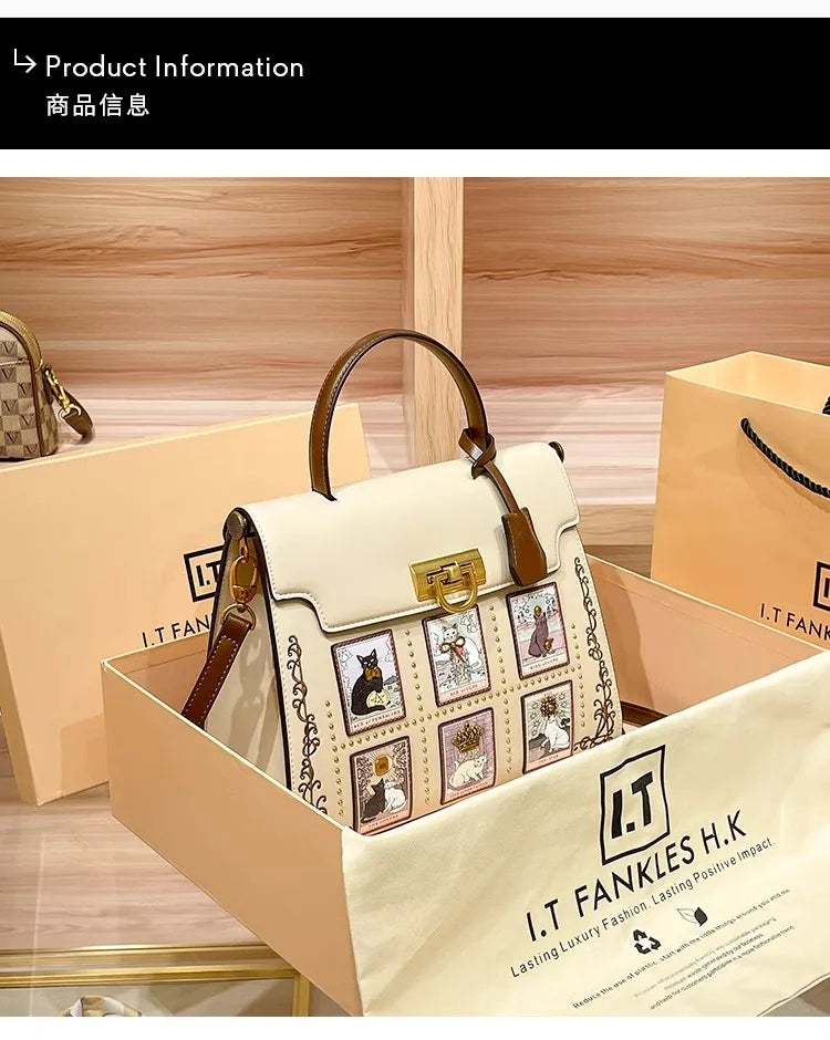 2025 Luxury and New Fashion Tote Bag with Delicate Cat Painting and Pattern Women's  Popular and Premium Quality Handheld Bag