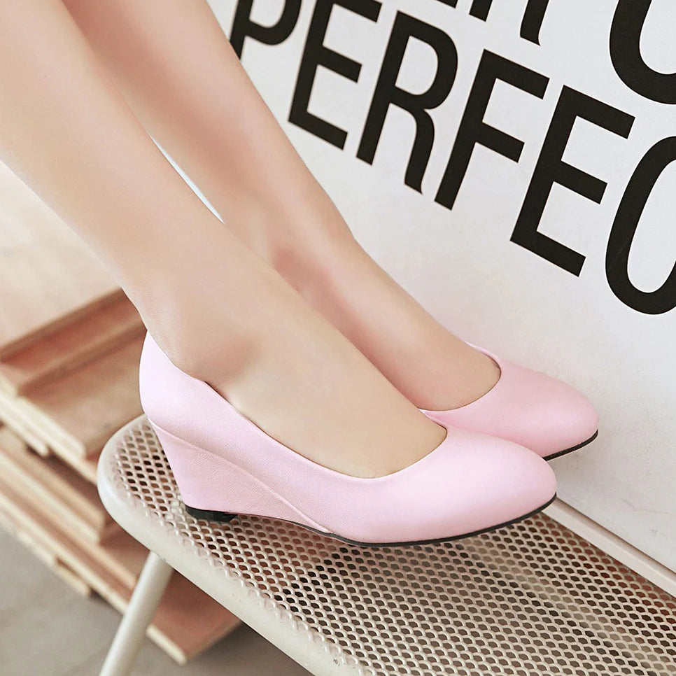 Women Wedge Shoes round toe pumps White Sweet Loafers Women's Pregnant Wedges Spring Autumn casual high heels Free Ship