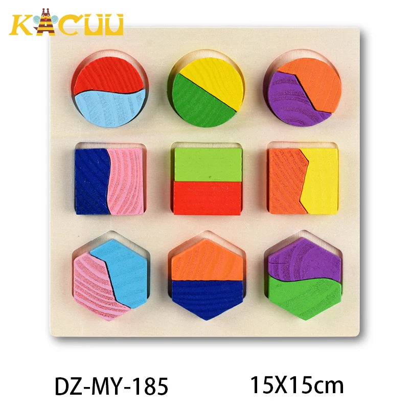 Montessori Wooden Puzzles Hand Grab Boards Toys Tangram Jigsaw Baby Educational Toys Cartoon Vehicle Animals Fruits 3D Puzzles