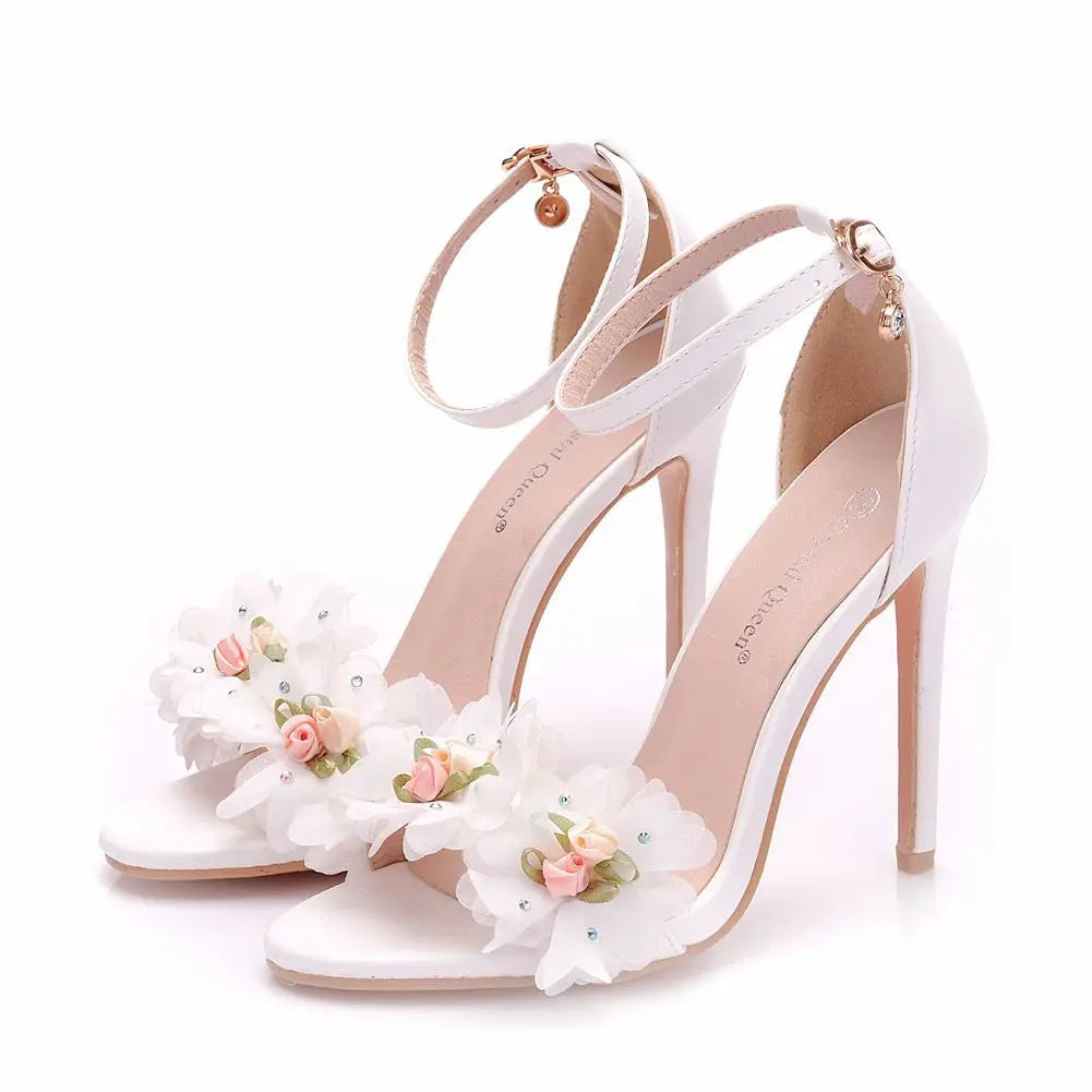 Large Size Sexy High Heel Sandals White Floral Stiletto Peep-toe Roman Sandals Women High Heel White