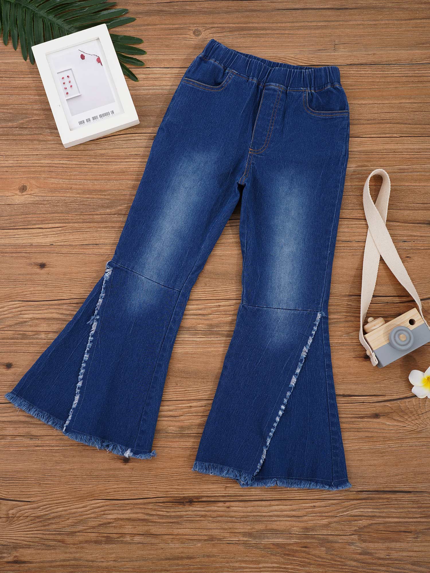 Kids Baby Girls Flare Pants Tassel Hem Denim Bell Bottom Children Toddler Kids Elastic Waist Blue Cute Jeans Trousers Clothes
