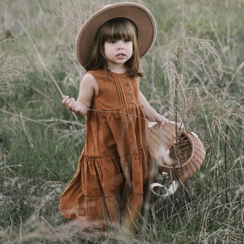 Girls Beach Dress Summer Vintage Plated Tutu Skirt Dress for Girls Clothes Breathable Linen Cotton Toddler Girls Boho Dress 1-7Y