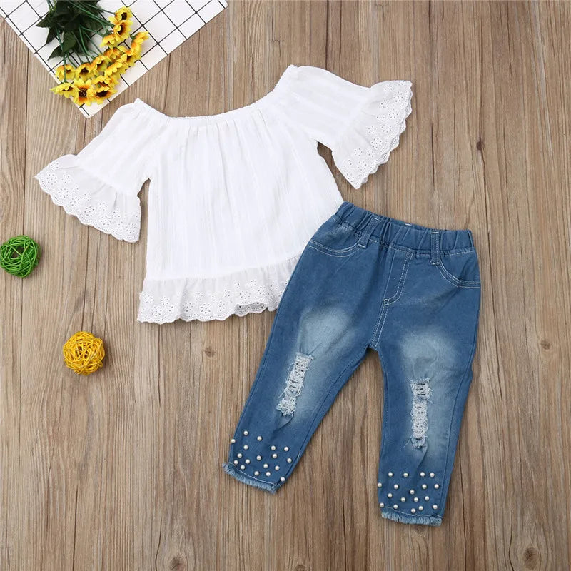 1-6Years Kids Baby Girls Clothes Set Off Shoulder White Lace Tops Shirt Pearl Denim Long Pants Jeans Toddler Set Girls Outfits