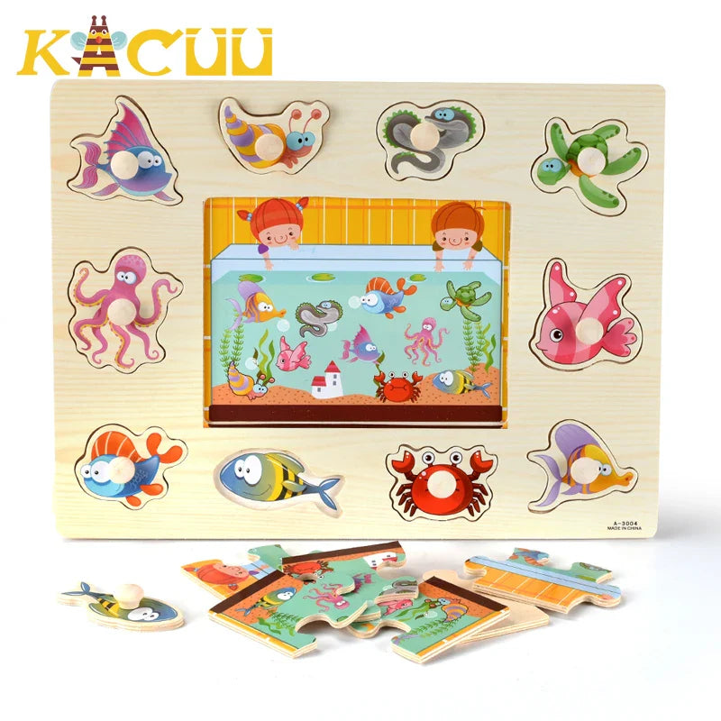 Montessori Wooden Puzzles Hand Grab Boards Toys Tangram Jigsaw Baby Educational Toys Cartoon Vehicle Animals Fruits 3D Puzzles