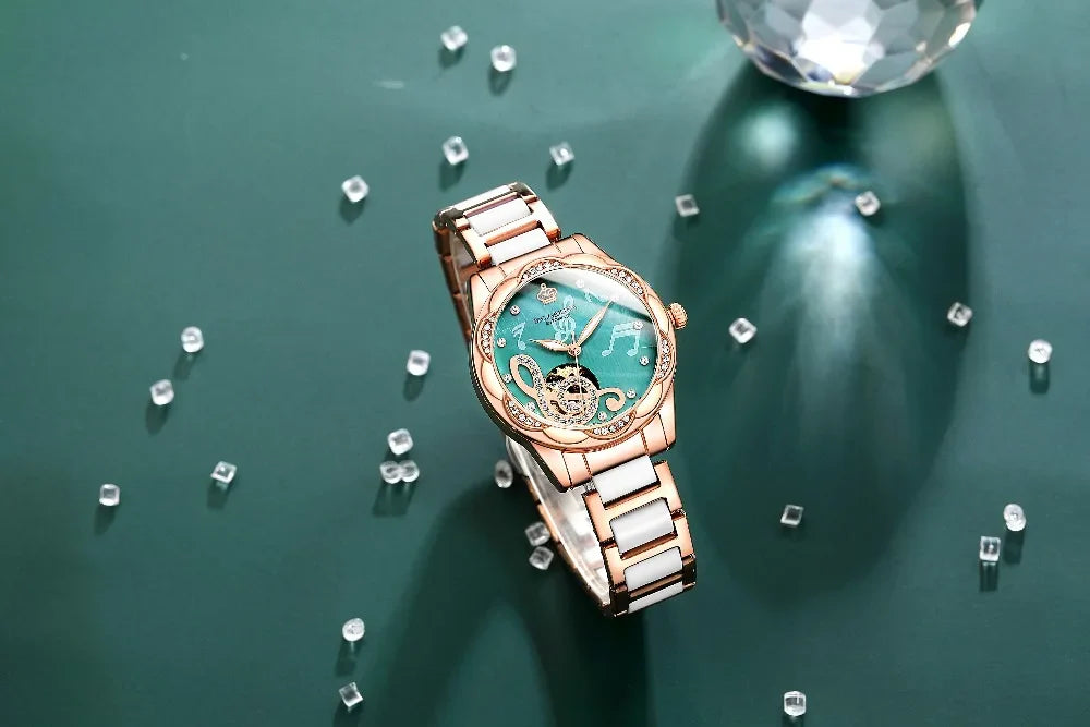 2025 New Designer Mechanical Watches Women Luxury Top Brand Ceramic Stainless Steel Diamond Music Ladies Automatic Wristwatches