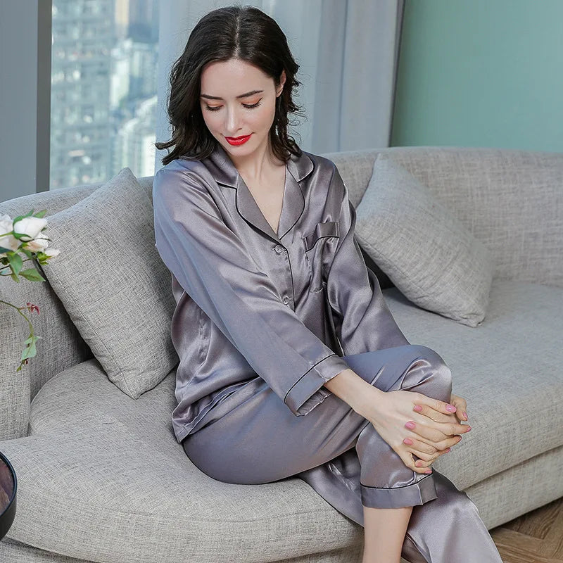 100% Mulberry Silk Pajamas Women Summer Winter Spring Long-sleeved Two-piece Couple Home Service Silk Pajamas For Lady
