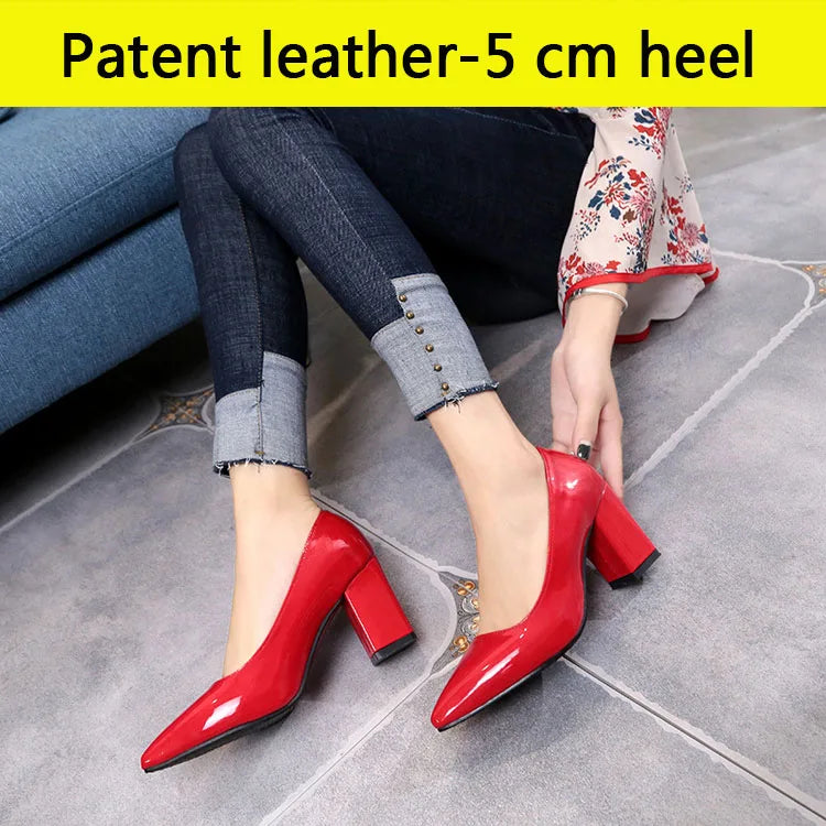 Aphixta Shoes Women Pointed Toe Pumps Sapato feminino 7.5cm High Square Heels Patent Leather Fashion Work Black Party Shoes