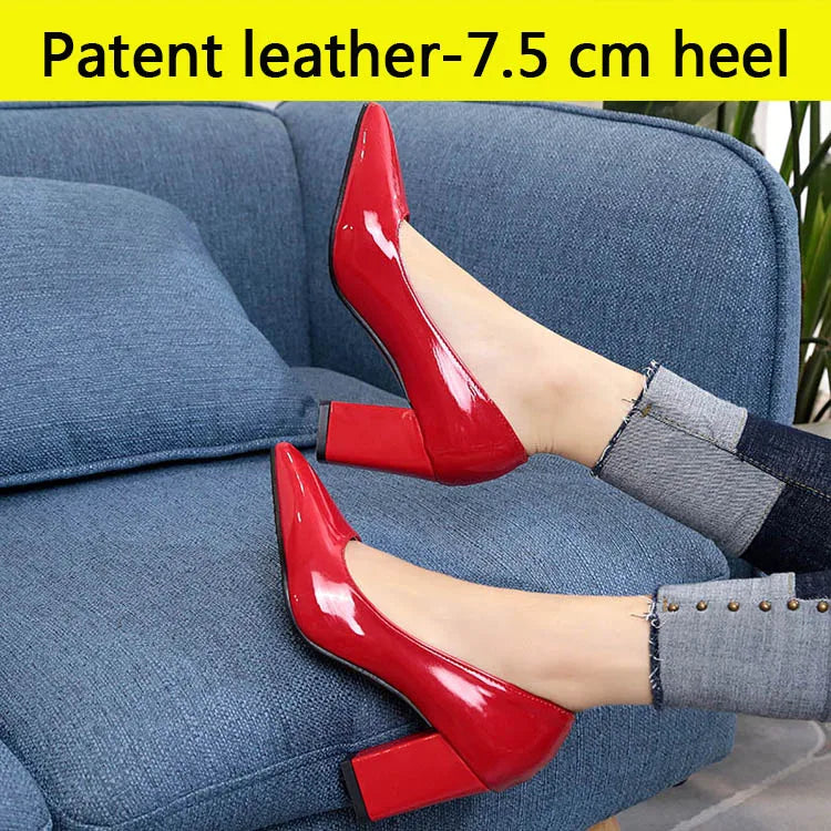 Aphixta Shoes Women Pointed Toe Pumps Sapato feminino 7.5cm High Square Heels Patent Leather Fashion Work Black Party Shoes