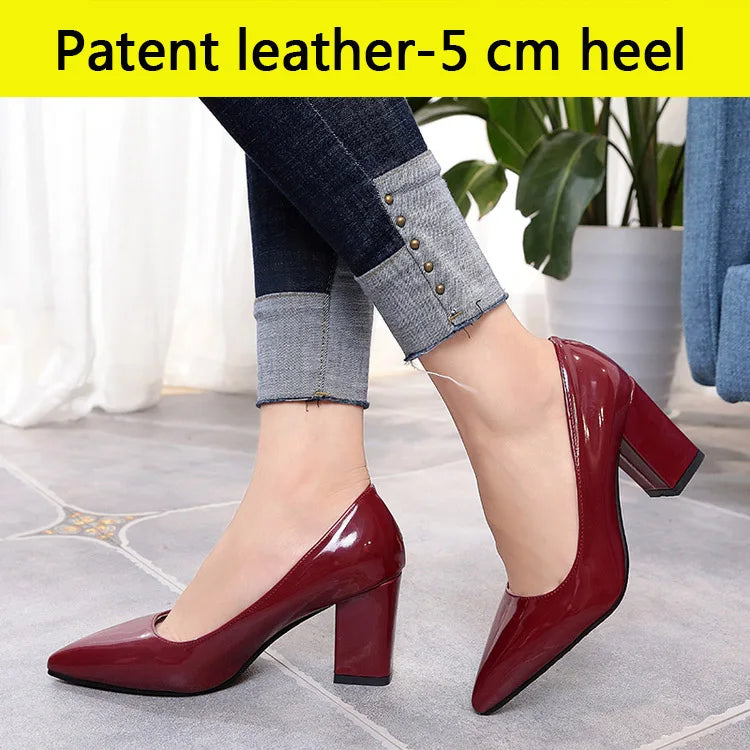Aphixta Shoes Women Pointed Toe Pumps Sapato feminino 7.5cm High Square Heels Patent Leather Fashion Work Black Party Shoes