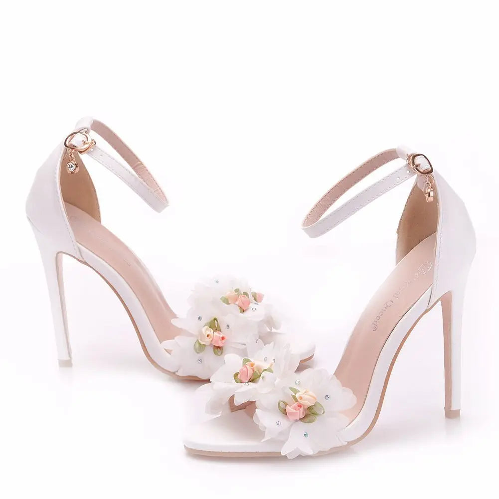 Large Size Sexy High Heel Sandals White Floral Stiletto Peep-toe Roman Sandals Women High Heel White