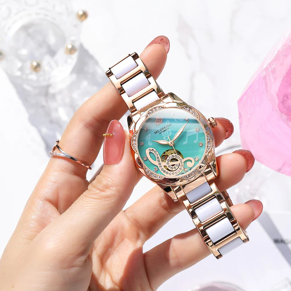 2025 New Designer Mechanical Watches Women Luxury Top Brand Ceramic Stainless Steel Diamond Music Ladies Automatic Wristwatches
