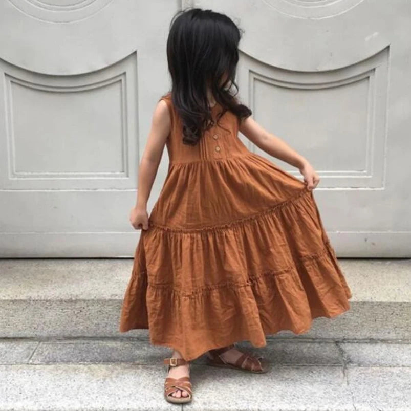 Girls Beach Dress Summer Vintage Plated Tutu Skirt Dress for Girls Clothes Breathable Linen Cotton Toddler Girls Boho Dress 1-7Y