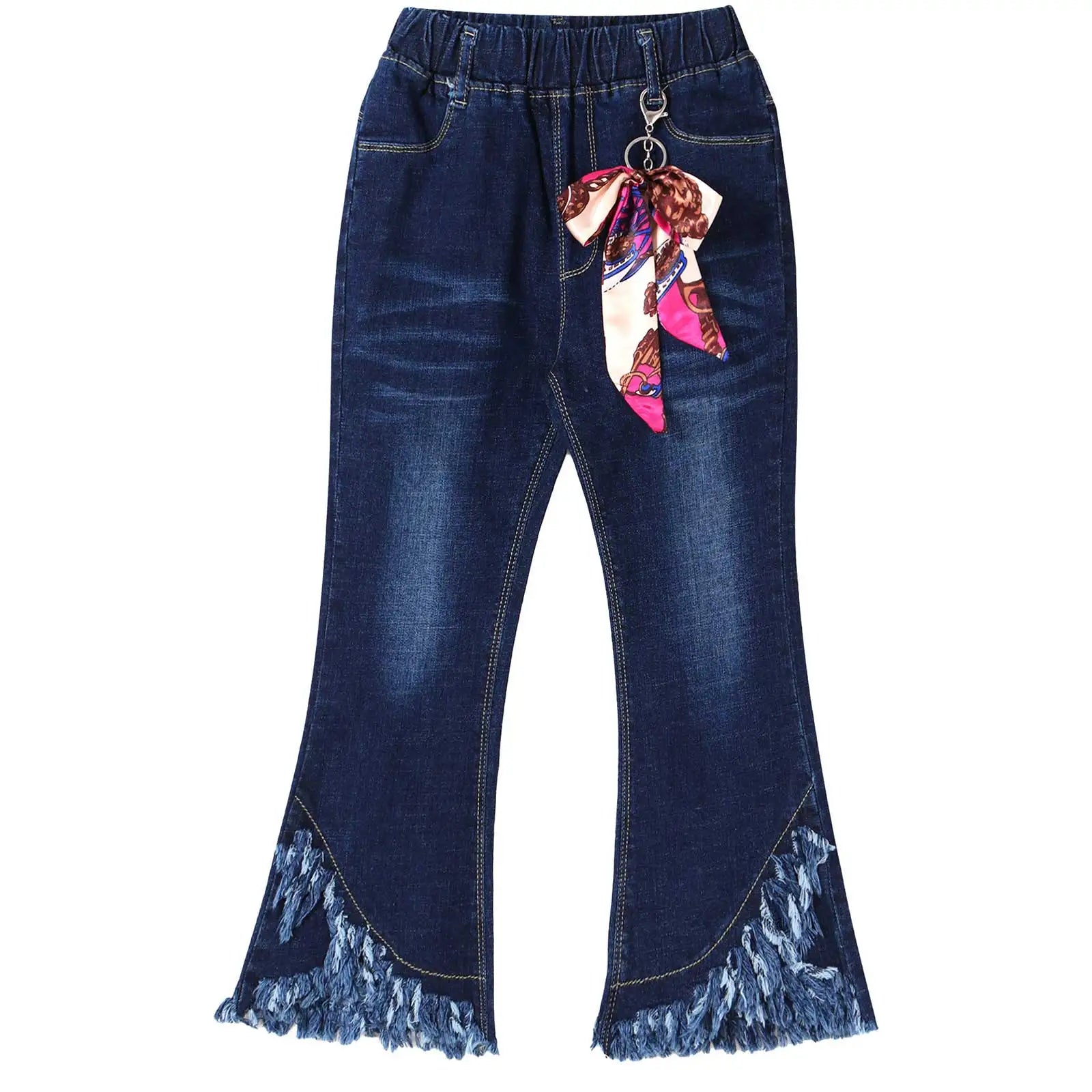 Kids Baby Girls Flare Pants Tassel Hem Denim Bell Bottom Children Toddler Kids Elastic Waist Blue Cute Jeans Trousers Clothes