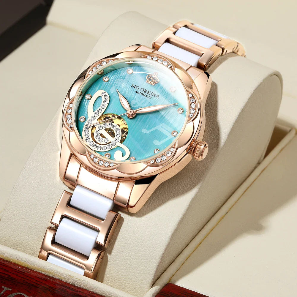 2025 New Designer Mechanical Watches Women Luxury Top Brand Ceramic Stainless Steel Diamond Music Ladies Automatic Wristwatches