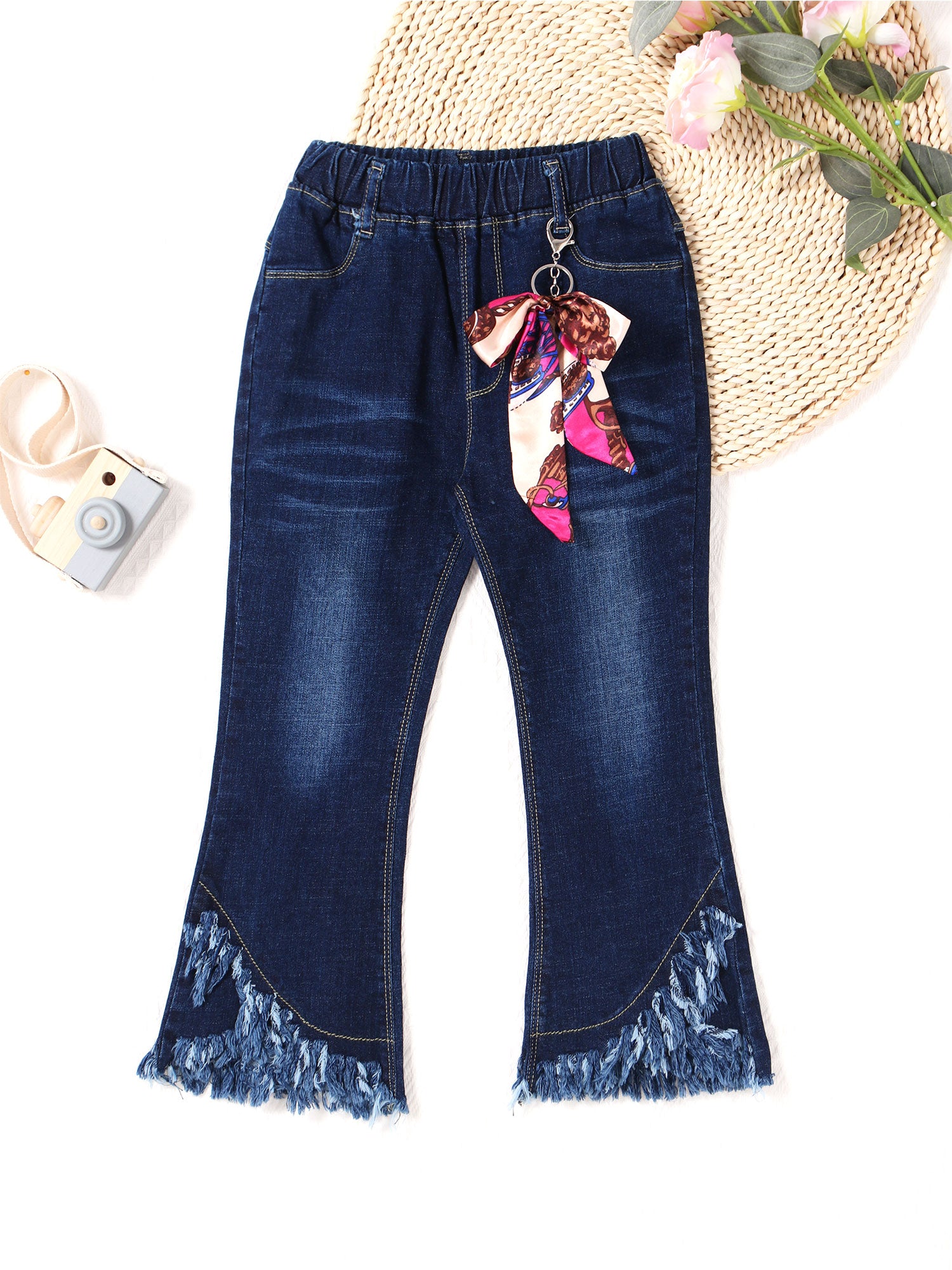 Kids Baby Girls Flare Pants Tassel Hem Denim Bell Bottom Children Toddler Kids Elastic Waist Blue Cute Jeans Trousers Clothes