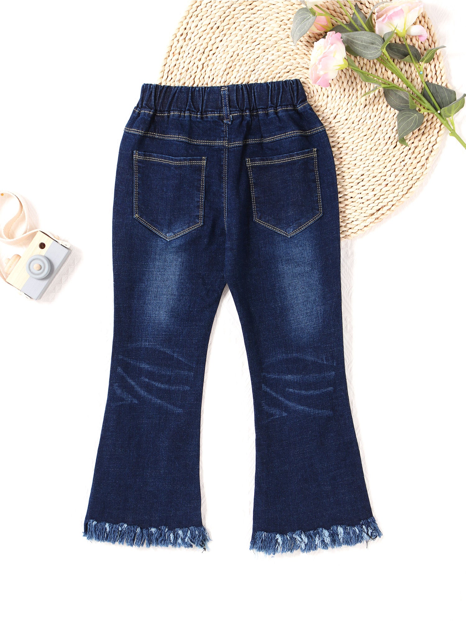 Kids Baby Girls Flare Pants Tassel Hem Denim Bell Bottom Children Toddler Kids Elastic Waist Blue Cute Jeans Trousers Clothes